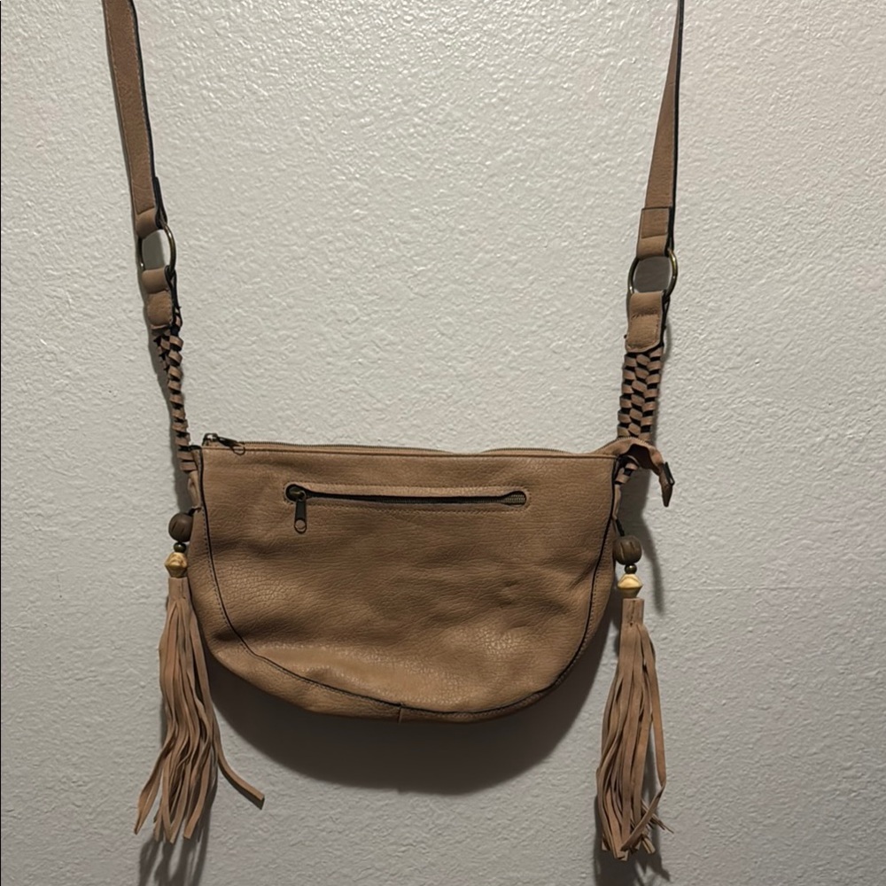 Elegant Tan Crossbody Bag with Tassels